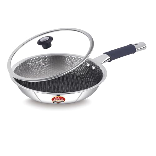 Classic Steels Hexa Comb Triply Frypan with Glass Lid - 1.5 LTR (22cm) | Stainless Steel Non-Stick Fry Pan | Induction & Gas Compatible | 2.5mm Thickness | Durable Stay Cool Silicon Handle - Image 1