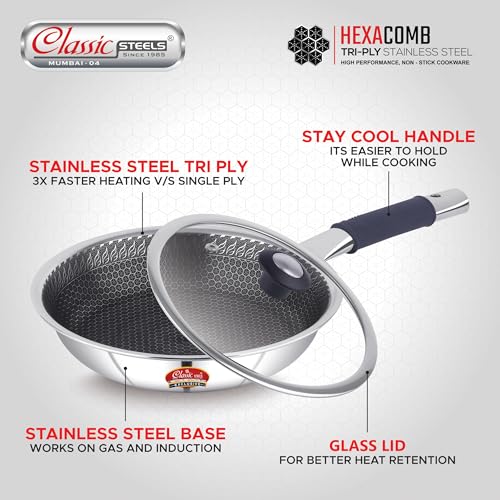 Classic Steels Hexa Comb Triply Frypan with Glass Lid - 1.5 LTR (22cm) | Stainless Steel Non-Stick Fry Pan | Induction & Gas Compatible | 2.5mm Thickness | Durable Stay Cool Silicon Handle - Image 3