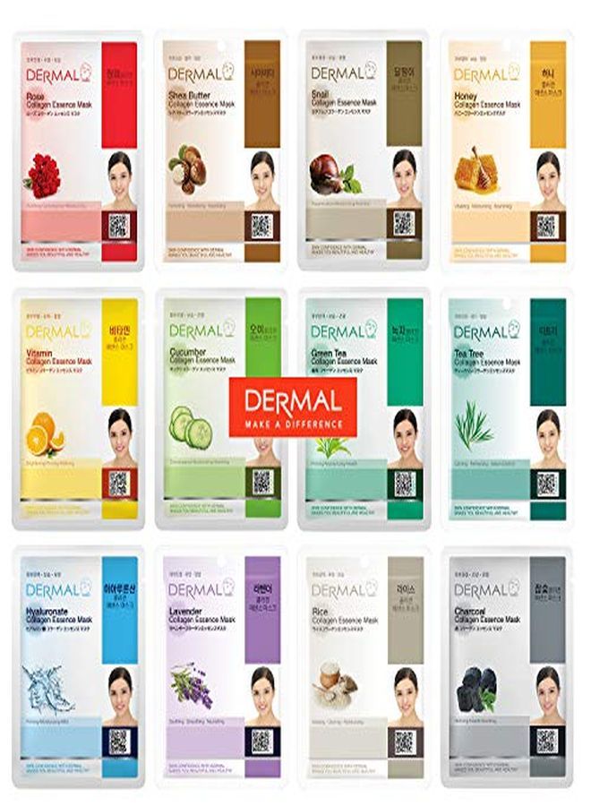 DERMAL 12 Pack Combo Best Value Set Collagen Essence Mask Sheet | Sodium Hyaluronate & Hydrolyzed Collagen Nature Made Fresh Mask | Best Korean Skin Care Mask  - Image 1