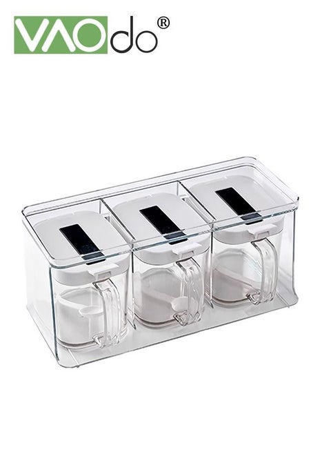 Kitchen Spice Pots 4 Pieces Clear Seasoning Box, Storage Container Condiment Jars Acrylic Seasoning Box with Cover and Spoon  3 Grids Clear Seasoning Box with Handle and Spoon Hanging Storage Hanging