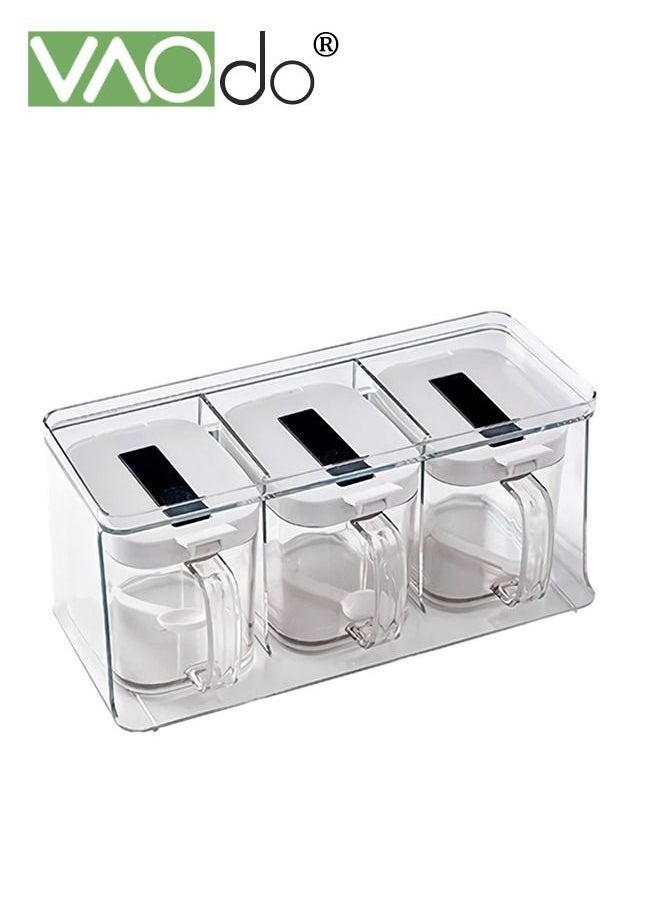 Kitchen Spice Pots 4 Pieces Clear Seasoning Box, Storage Container Condiment Jars Acrylic Seasoning Box with Cover and Spoon  3 Grids Clear Seasoning Box with Handle and Spoon Hanging Storage Hanging