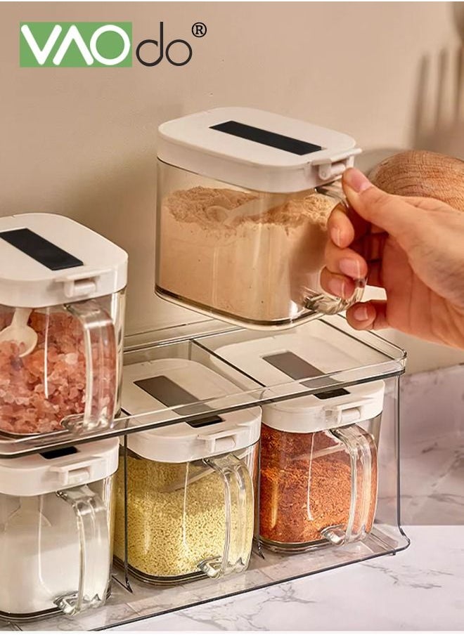 Kitchen Spice Pots 4 Pieces Clear Seasoning Box, Storage Container Condiment Jars Acrylic Seasoning Box with Cover and Spoon  3 Grids Clear Seasoning Box with Handle and Spoon Hanging Storage Hanging