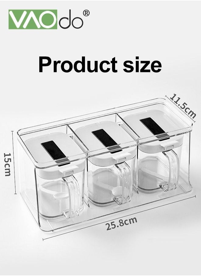 Kitchen Spice Pots 4 Pieces Clear Seasoning Box, Storage Container Condiment Jars Acrylic Seasoning Box with Cover and Spoon  3 Grids Clear Seasoning Box with Handle and Spoon Hanging Storage Hanging
