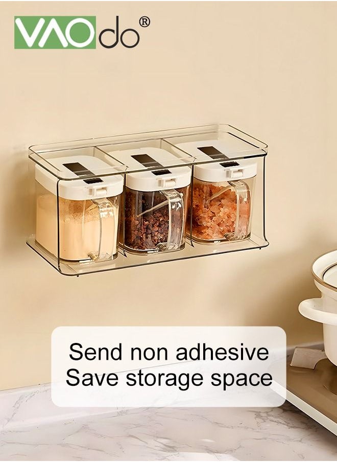 Kitchen Spice Pots 4 Pieces Clear Seasoning Box, Storage Container Condiment Jars Acrylic Seasoning Box with Cover and Spoon  3 Grids Clear Seasoning Box with Handle and Spoon Hanging Storage Hanging