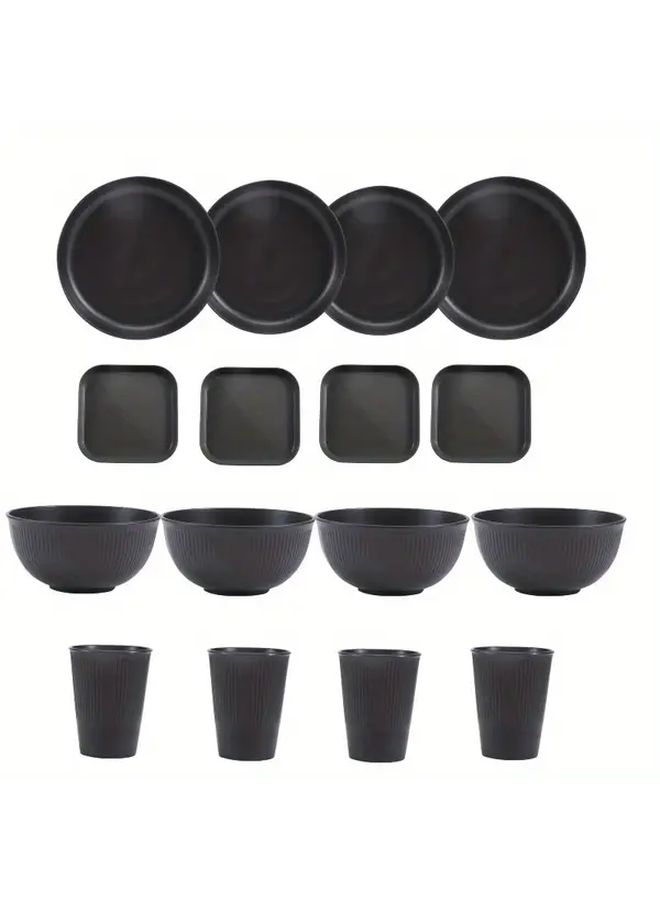 Black Vertical Pattern Cup Wheat Straw Tableware Set Ribbed Plates Bowls Water Cutlery Gift Family Size Knives Forks - Image 5