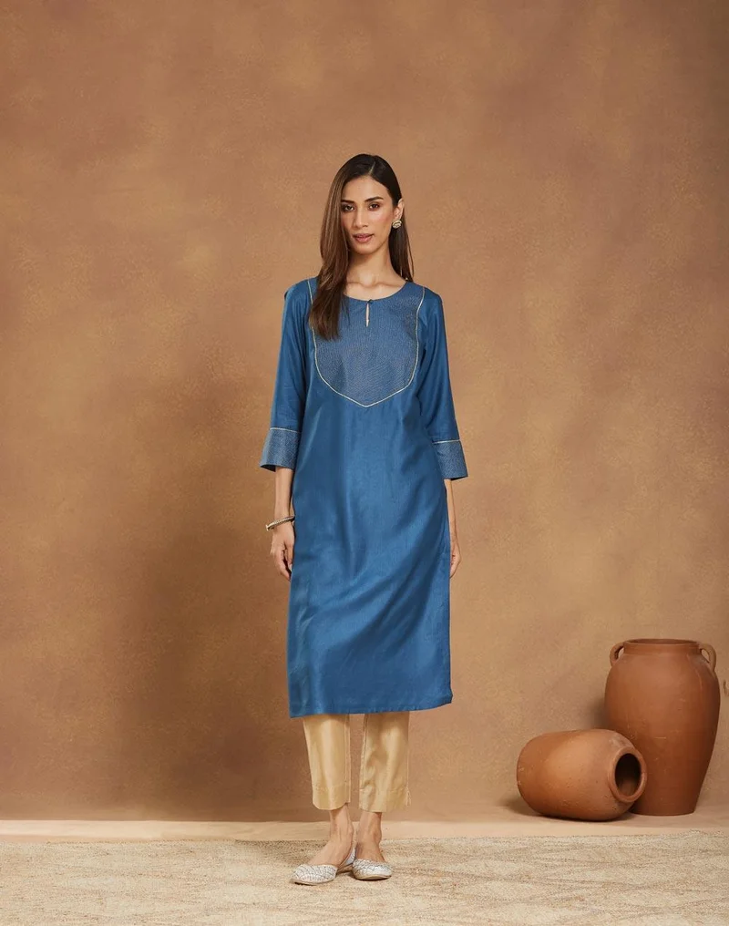 Fabindia Blue Viscose Silk Embroidered Long Kurta