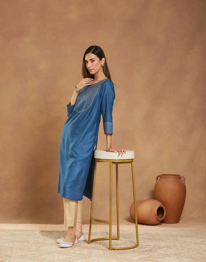 Fabindia Blue Viscose Silk Embroidered Long Kurta