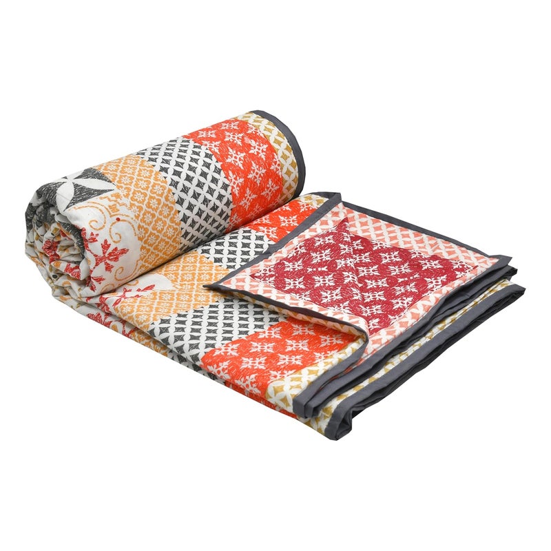 BLOCKS OF INDIA 100 Cotton Dohar King Size Reversible Hand Block Printed Malmal Summer DoharBlanket Orange Ikat 300 Tc - Image 1