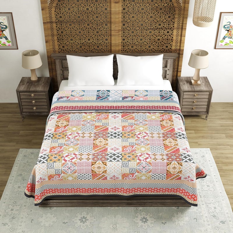 BLOCKS OF INDIA 100 Cotton Dohar King Size Reversible Hand Block Printed Malmal Summer DoharBlanket Orange Ikat 300 Tc - Image 2
