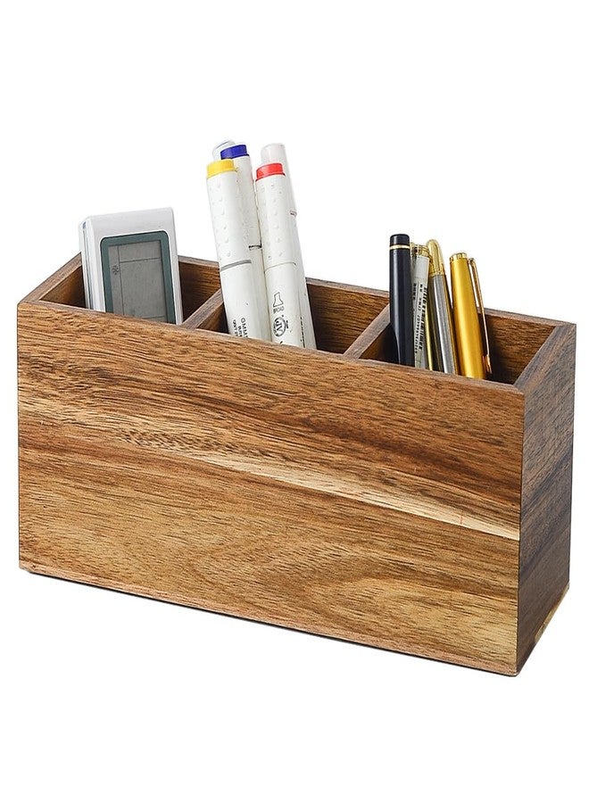 YOSCO Wood Pens Pencils Holder Cup for Desk Remote Control Holder, Caddy, Organizer, Desktop Storage with 3 Compartments, Makeup Brush Holder, Silverware Caddy for Party, Office Supplies (Acacia) - Image 1