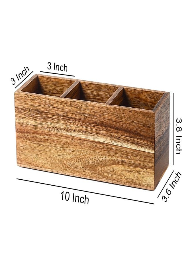 YOSCO Wood Pens Pencils Holder Cup for Desk Remote Control Holder, Caddy, Organizer, Desktop Storage with 3 Compartments, Makeup Brush Holder, Silverware Caddy for Party, Office Supplies (Acacia) - Image 2