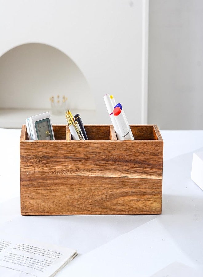 YOSCO Wood Pens Pencils Holder Cup for Desk Remote Control Holder, Caddy, Organizer, Desktop Storage with 3 Compartments, Makeup Brush Holder, Silverware Caddy for Party, Office Supplies (Acacia) - Image 3