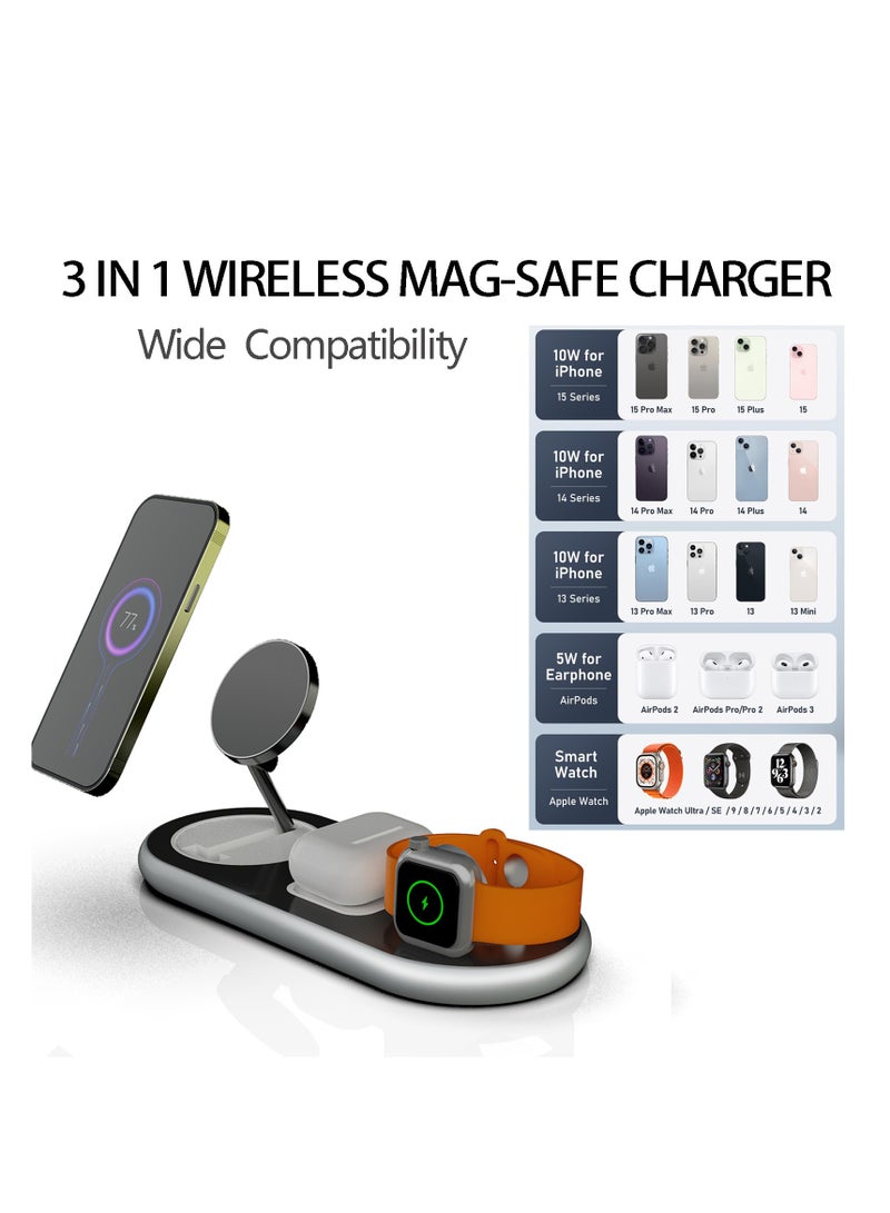 3 in 1 Magnetic Wireless Charger Foldable, Fast MagSafe Wireless Charging Station for iPhone , apple Watch , Airpods, Mag-Safe Charger Stand.