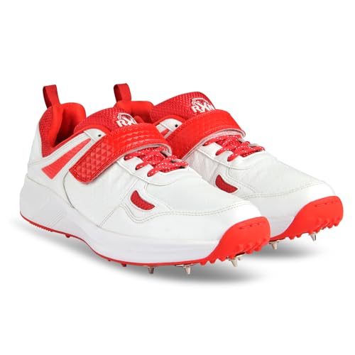 RXN Victor Bowling Metal Spike Cricket Shoes for Men & Women | Cricket Spike Shoes with Phylon Sole, TPU Outsole & Synthetic Leather Upper Comes with Extra Nails & Keys to Tighten (White Red, 6) - Image 1