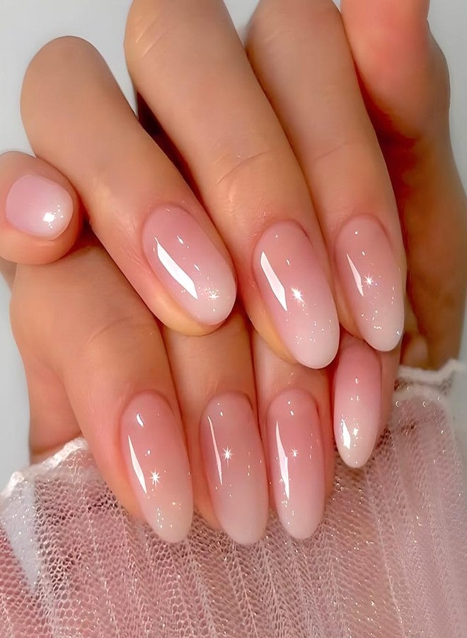 WAFOLOZE Almond Press on Nails,Acrylic Nail Press ons, Almond Shape Press On Nails Short Fake Nail Glossy False Nail with Pink White Ombre Press ons Designs Artificial Stick on Nail for Women 24Pcs - Image 1