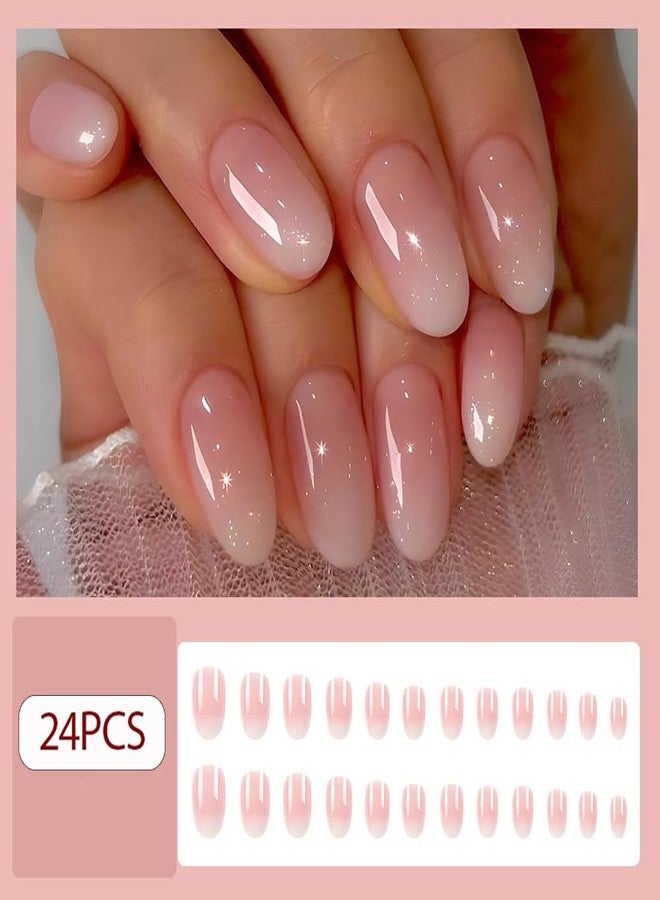 WAFOLOZE Almond Press on Nails,Acrylic Nail Press ons, Almond Shape Press On Nails Short Fake Nail Glossy False Nail with Pink White Ombre Press ons Designs Artificial Stick on Nail for Women 24Pcs - Image 2