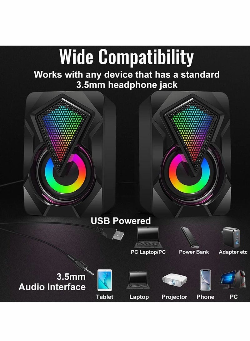 Excefore Computer Speakers, Mini USB Audio Multimedia Volume Control Game RGB Lights for PC Desktop Laptop Display - Image 2