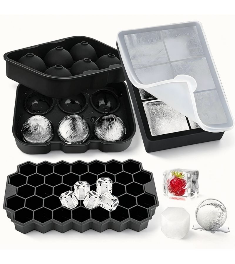 3 Ice Cube Molds Set with Lids 6 Ice Hockey Puck Slots And 2 Pack of 6 Round Square Trays Honeycomb Pattern Easy Disassemble Food Grade Silicone For Whiskey Cocktail Bar Kitchen