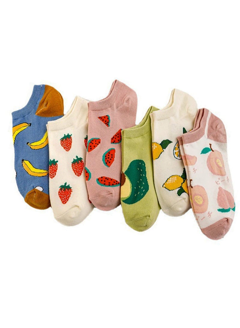 Excefore جوارب للكاحل مطرزة بالفواكه، جوارب كاحل مضحكة منخفضة القطع للنساء، جوارب متعددة القطع للنساء والسيدات والفتيات (6 عبوات) - Image 1
