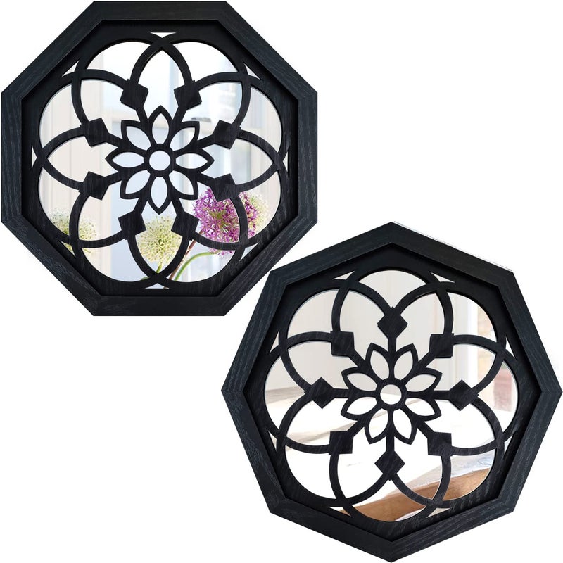 ZOLAPI 2Piece Octagon WallMounted MirrorsVintage Farmhouse Mirror for Wall DecorBlack Decorative Accent Mirror for Foyer Bathroom Bedroom 12x12