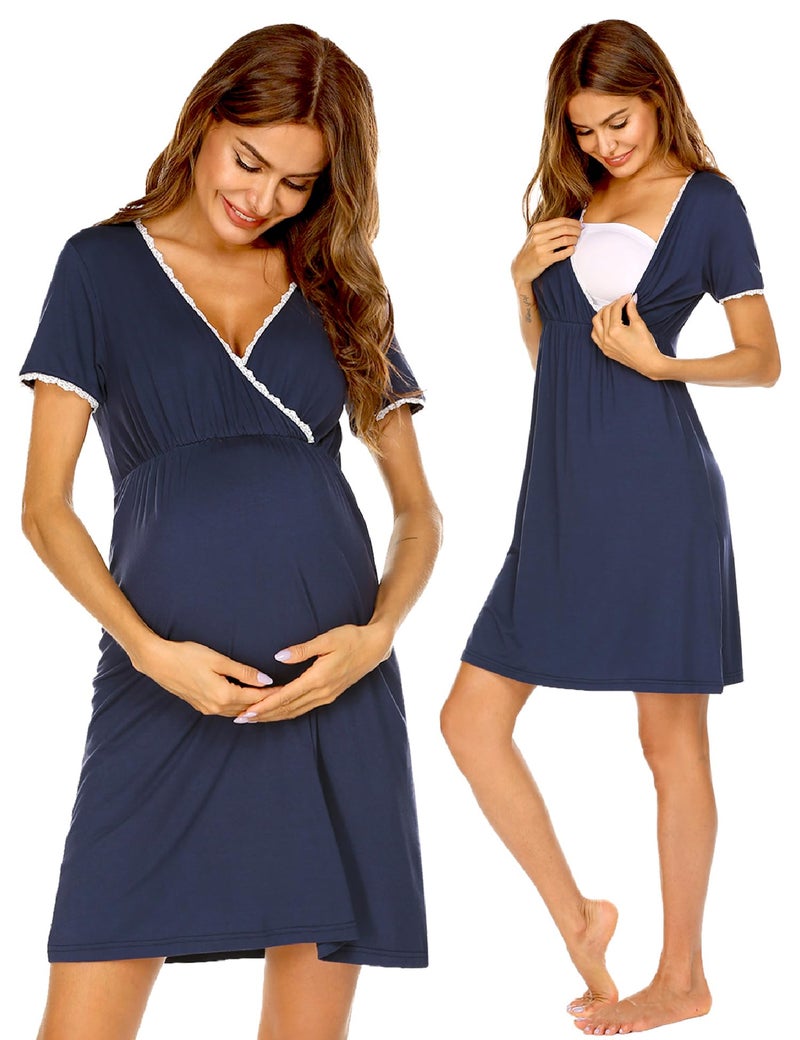 Ekouaer Nursing Nightgown Delivery and Labor Gown for Hospital Short Sleeve Maternity Breastfeeding Dress Navy Blue M - Image 1