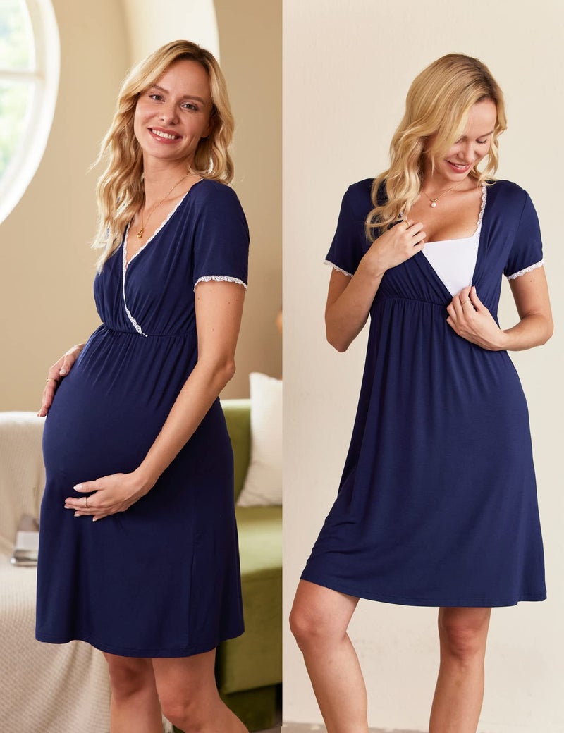 Ekouaer Nursing Nightgown Delivery and Labor Gown for Hospital Short Sleeve Maternity Breastfeeding Dress Navy Blue M - Image 2