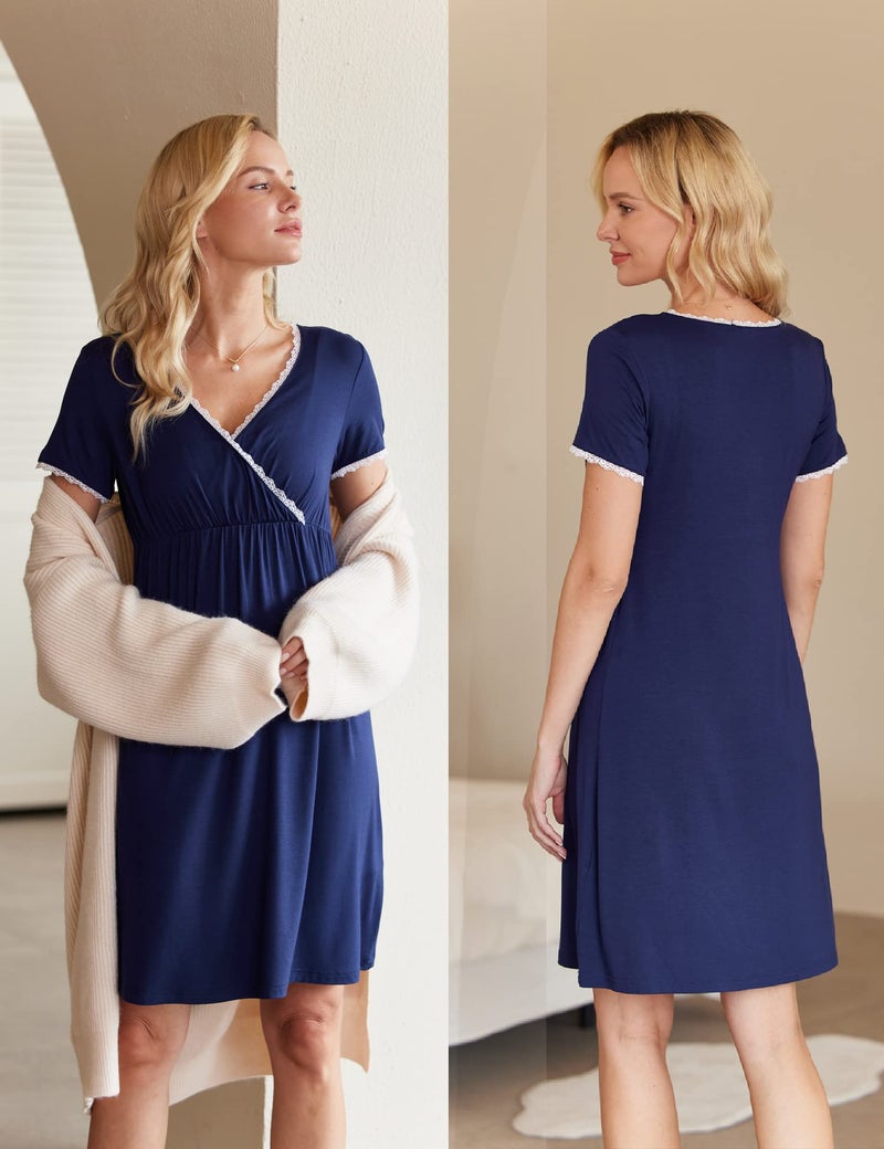 Ekouaer Nursing Nightgown Delivery and Labor Gown for Hospital Short Sleeve Maternity Breastfeeding Dress Navy Blue M - Image 3