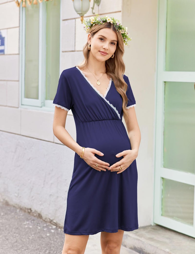 Ekouaer Nursing Nightgown Delivery and Labor Gown for Hospital Short Sleeve Maternity Breastfeeding Dress Navy Blue M - Image 4