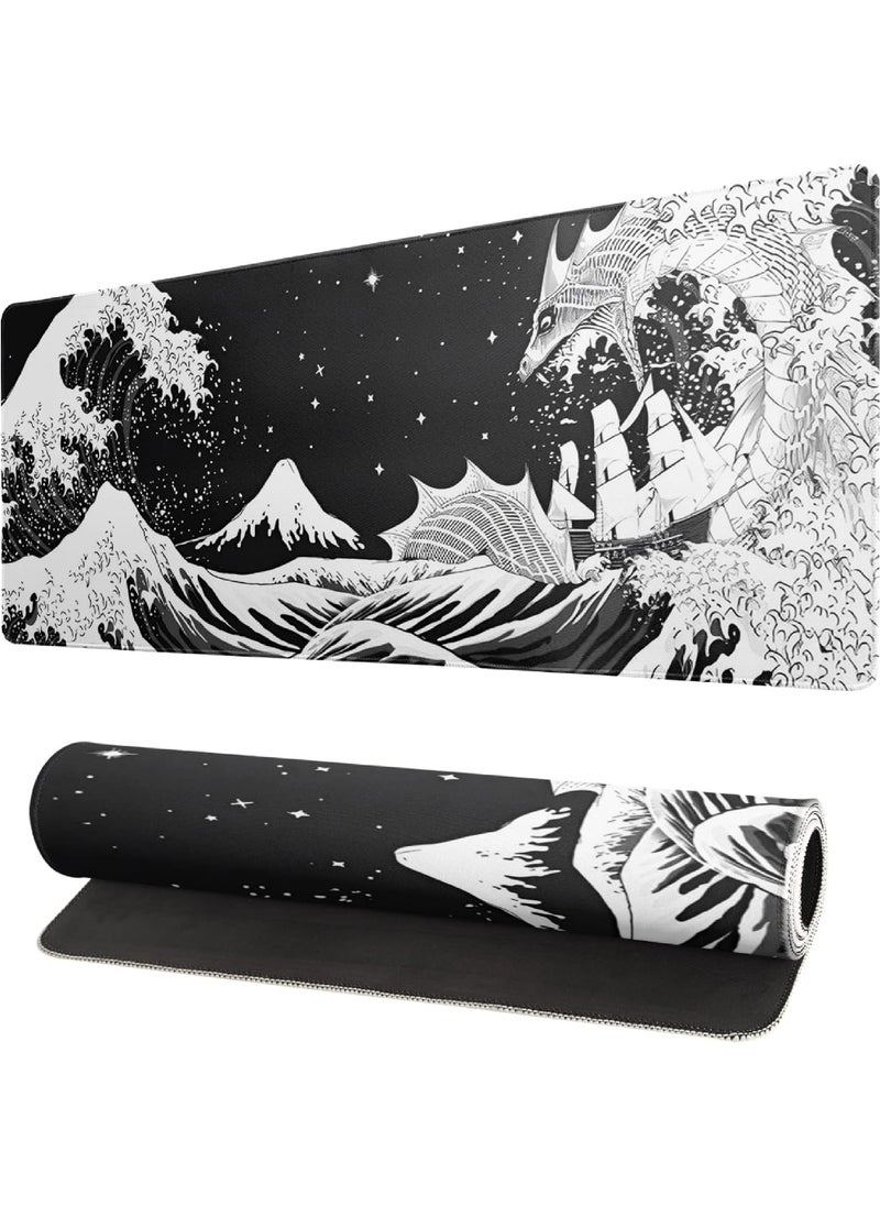 Captaintech Wave Dragon Gaming Mouse Pad - Abstract Mat with Non-Slip Rubber Base 800 * 300 * 3mm Stitched Edges - Desk Pad for Office and Home - Image 1