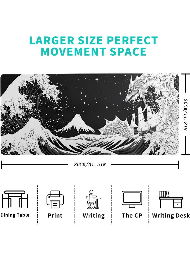Captaintech Wave Dragon Gaming Mouse Pad - Abstract Mat with Non-Slip Rubber Base 800 * 300 * 3mm Stitched Edges - Desk Pad for Office and Home - Image 2