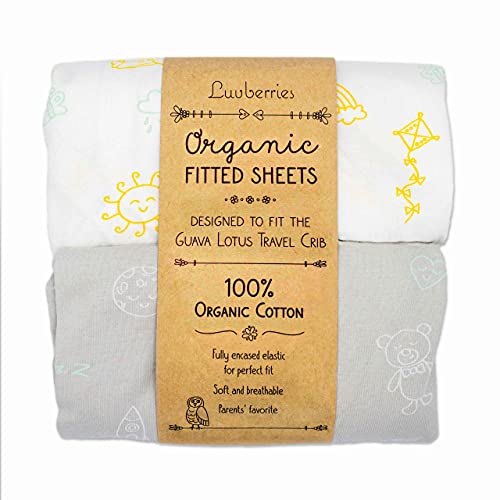 Luvberries Guava Lotus Travel Crib Sheets (Set of 2) – 100% Organic Cotton Fitted Sheets for Baby Play Yard & Mini Crib Mattress – Super Soft Jersey Knit – Snug Fit & Washable (Day and Night) - Image 1