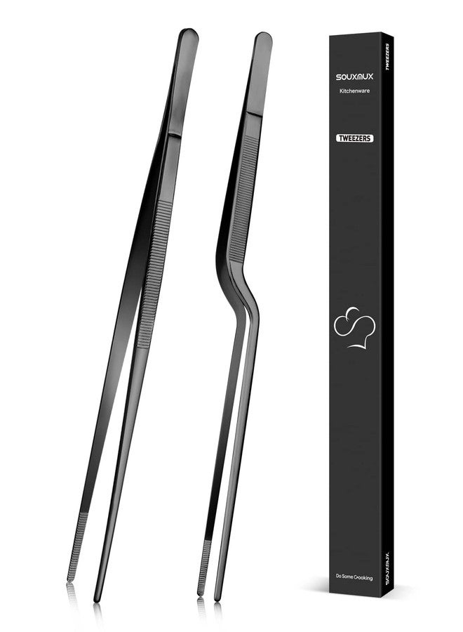 SouxMux 12-inch Cooking Tweezer and Offset Tweezer Set, Tongs with Serrated Tips, Stainless Steel, Black, 2pcs - Image 1
