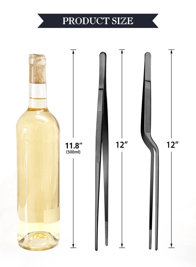 SouxMux 12-inch Cooking Tweezer and Offset Tweezer Set, Tongs with Serrated Tips, Stainless Steel, Black, 2pcs - Image 3