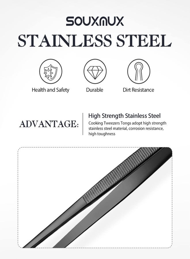 SouxMux 12-inch Cooking Tweezer and Offset Tweezer Set, Tongs with Serrated Tips, Stainless Steel, Black, 2pcs - Image 4