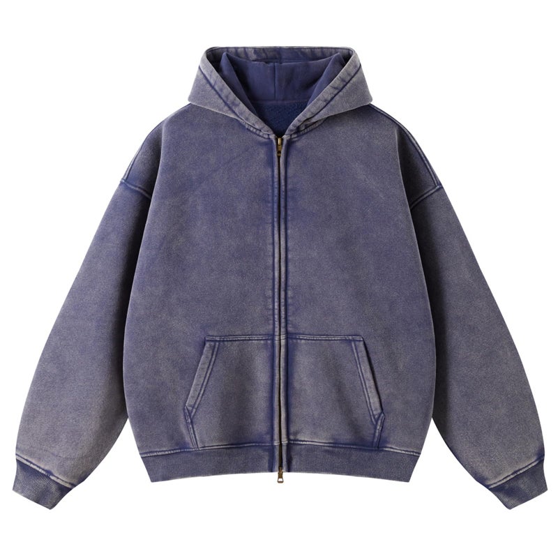 SnowElve Mens Zip Up Hoodie Women Full Zip Fleece Sweatshirts Vintage Acid Wash Oversized Hoodies Hooded Sweatshirt Streetwear(Blue,M) - Image 1