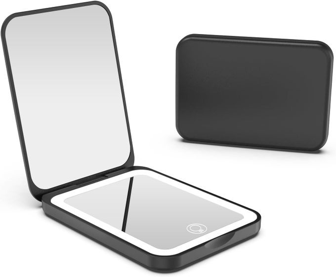 POCKET MIRROR RECHARGEABLE 1X3X MAGNIFICATION LED COMPACT TRAVEL MAKEUP MIRROR FOR PURSE 3 COLORS DIMMABLE FOLDING HANDHELD SMALL LIGHTED MIRRORS FOR WOMEN GIFTS BLACK
