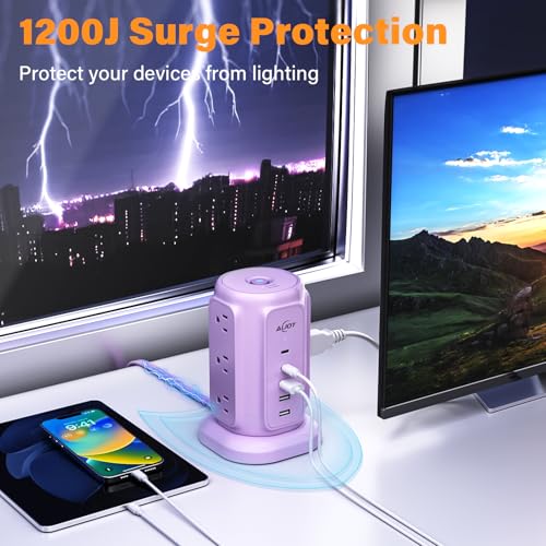 AiJoy Power Strip Tower with 9 Outlets and 5 USB Ports (2 USB C), 1200J Surge Protection, 1625W Flat Plug Extension Cord with Multiple Outlets Extender for Dorm Home Office Supplies, Purple - Image 3