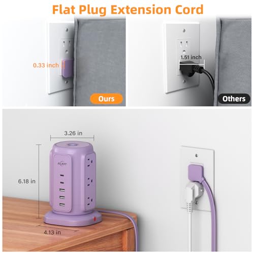 AiJoy Power Strip Tower with 9 Outlets and 5 USB Ports (2 USB C), 1200J Surge Protection, 1625W Flat Plug Extension Cord with Multiple Outlets Extender for Dorm Home Office Supplies, Purple - Image 5