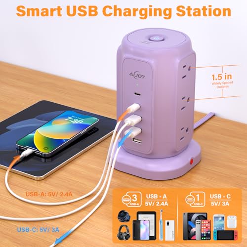 AiJoy Power Strip Tower with 9 Outlets and 5 USB Ports (2 USB C), 1200J Surge Protection, 1625W Flat Plug Extension Cord with Multiple Outlets Extender for Dorm Home Office Supplies, Purple - Image 4