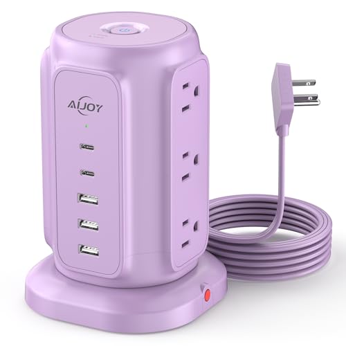 AiJoy Power Strip Tower with 9 Outlets and 5 USB Ports (2 USB C), 1200J Surge Protection, 1625W Flat Plug Extension Cord with Multiple Outlets Extender for Dorm Home Office Supplies, Purple - Image 1