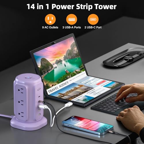 AiJoy Power Strip Tower with 9 Outlets and 5 USB Ports (2 USB C), 1200J Surge Protection, 1625W Flat Plug Extension Cord with Multiple Outlets Extender for Dorm Home Office Supplies, Purple - Image 2