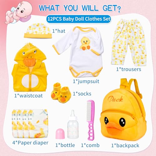 PEDOLLTREE 12pcs Set Reborn Baby Dolls Clothes Accessories with Backpack Diaper Yellow Duck for 1722 Inch Baby Doll Reborn Doll Newborn GirlBoy - Image 5