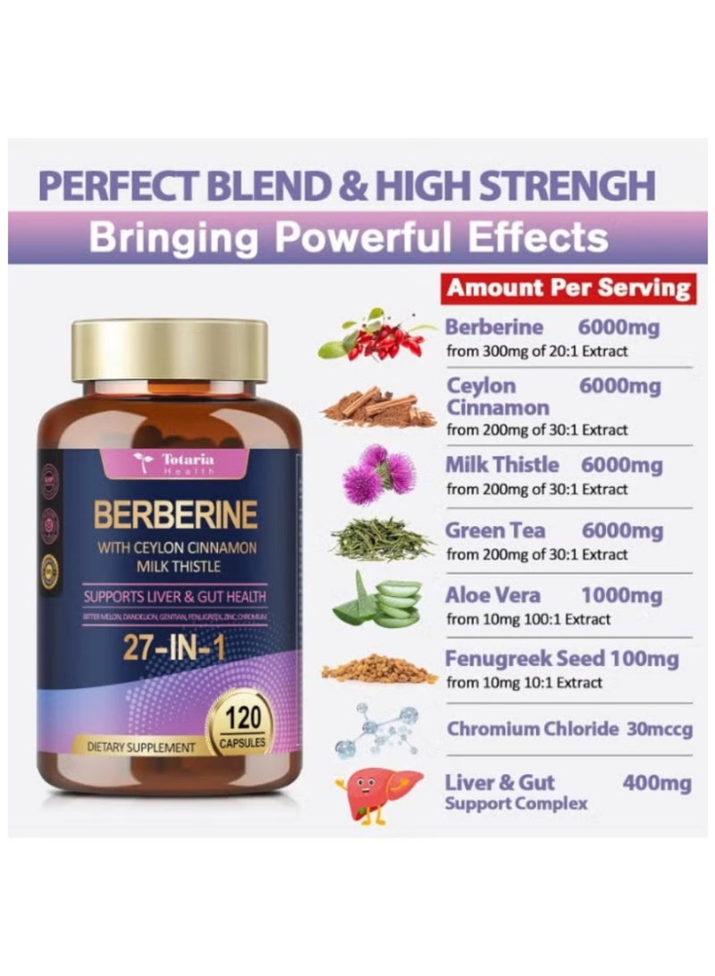 توتاريا مكمل 27 في 1 بربرين 6000 ملغ مع قرفة سيلان وحليب الشوك نباتي لدعم الكبد والأمعاء 120 كبسولة - Image 4