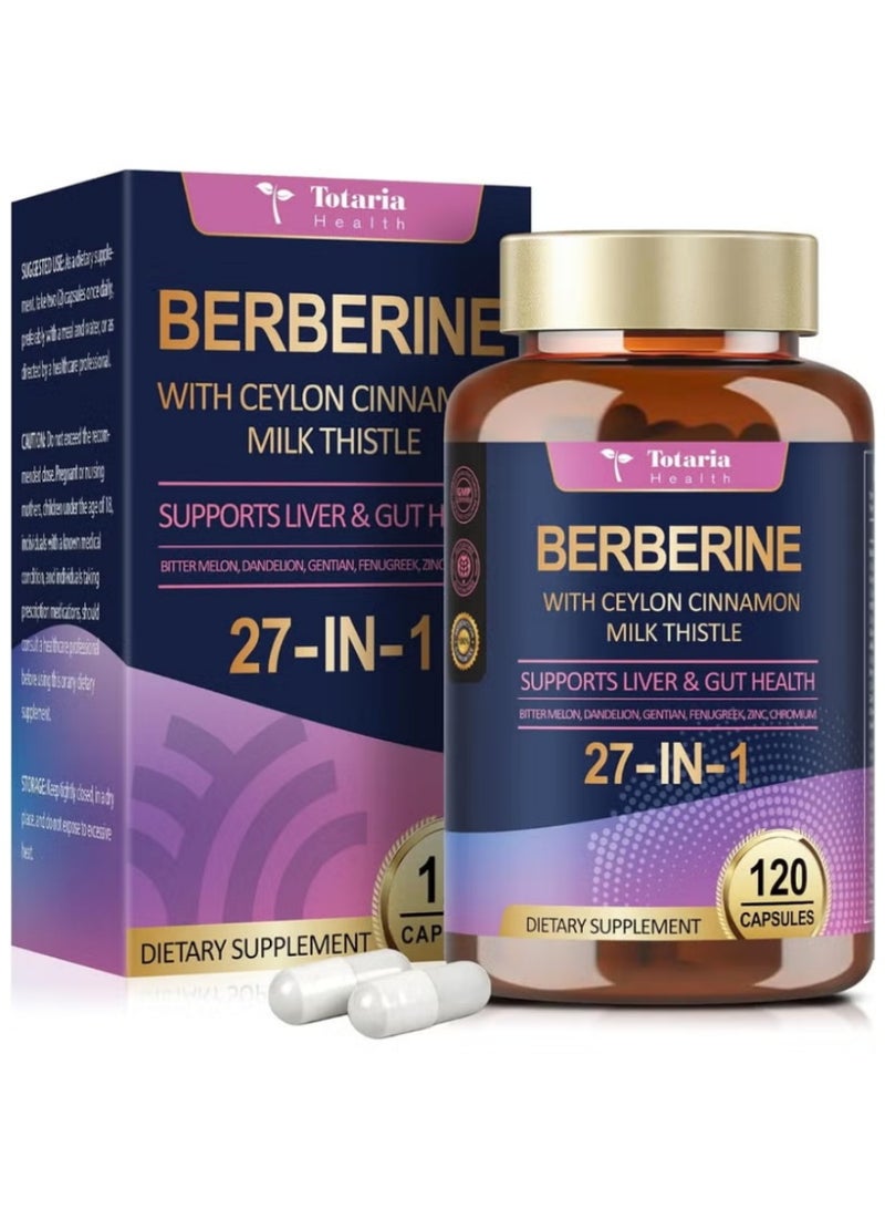 توتاريا مكمل 27 في 1 بربرين 6000 ملغ مع قرفة سيلان وحليب الشوك نباتي لدعم الكبد والأمعاء 120 كبسولة - Image 1