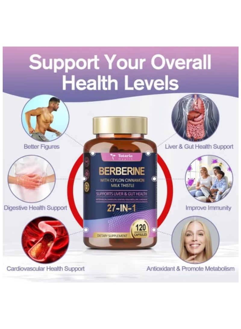 توتاريا مكمل 27 في 1 بربرين 6000 ملغ مع قرفة سيلان وحليب الشوك نباتي لدعم الكبد والأمعاء 120 كبسولة - Image 3