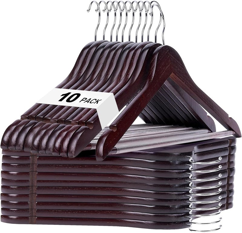 HOUSE DAY Wooden Hangers 10 Pack - Brown Smooth Finish Coat Hangers for Closet - Heavy Duty Cherry Wood Suit Hangers for Clothes, Jacket, Shirt, Tank Top, Dress - Image 1