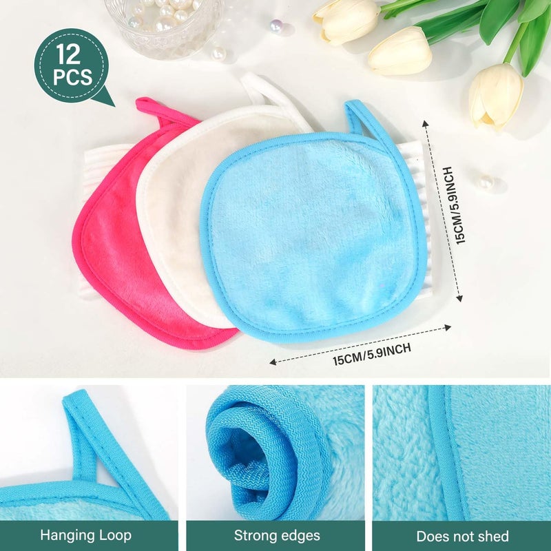 KPX 12 Pack Makeup Remover Cloth, 6" x 6" Reusable Makeup Remover Towels Face Washcloth for Washing Face, Makeup Remover Pads Cosmetic Face Wash (Pink-White-Blue) - Image 3