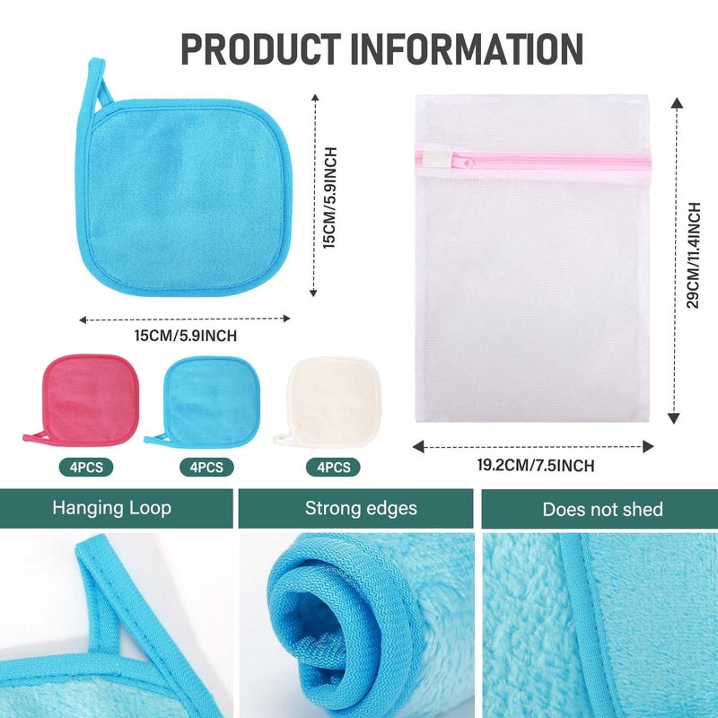 KPX 12 Pack Makeup Remover Cloth, 6" x 6" Reusable Makeup Remover Towels Face Washcloth for Washing Face, Makeup Remover Pads Cosmetic Face Wash (Pink-White-Blue) - Image 2