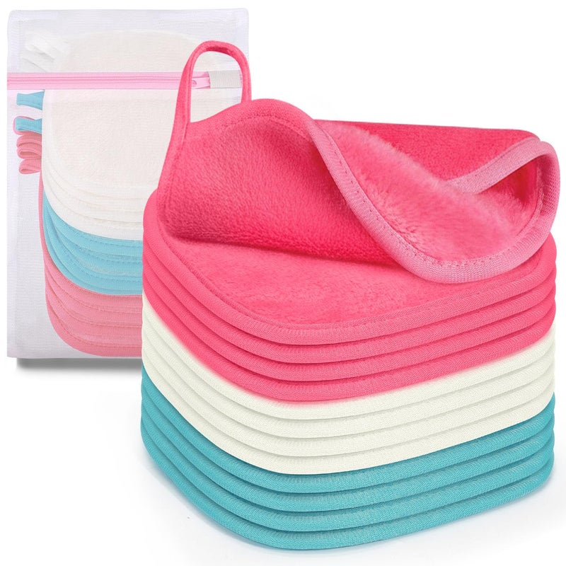 KPX 12 Pack Makeup Remover Cloth, 6" x 6" Reusable Makeup Remover Towels Face Washcloth for Washing Face, Makeup Remover Pads Cosmetic Face Wash (Pink-White-Blue) - Image 1