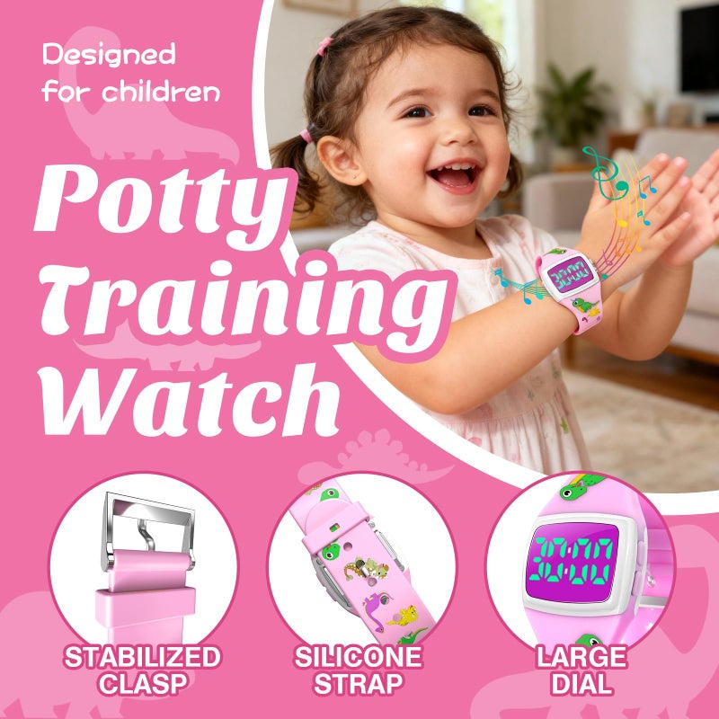 SKYROKU Potty Watch for Toddler Girls â€“ Magnetic Charging, 5 Timing Modes, Ultra-Long Standby, Cute Dinosaur Pattern, Music & Flash Reminders, Silicone Strap, Large Dial for Easy Use (Pink-White) - Image 3